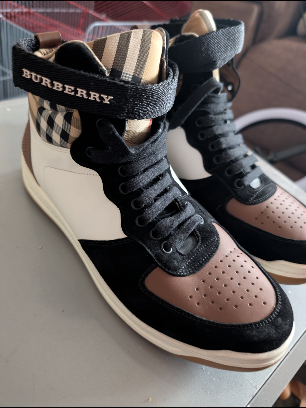 Burberry High-Top Sneakers in Black, White & Brown